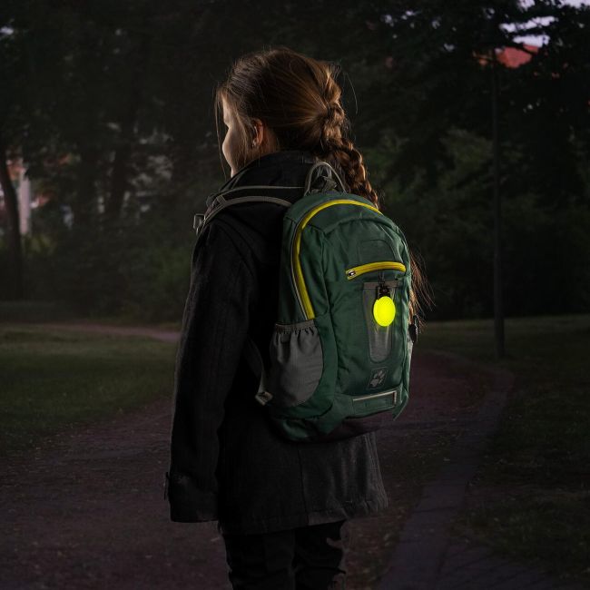 Lumina de siguranta LED reflectorizanta cu semnalizare intermitenta, verde fluorescent, cu carabina de agatare, Reer Light&Go 53253