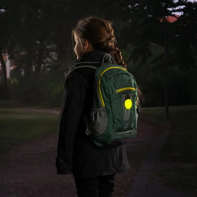 Lumina de siguranta LED reflectorizanta cu semnalizare intermitenta, verde fluorescent, cu carabina de agatare, Reer Light&Go 53253