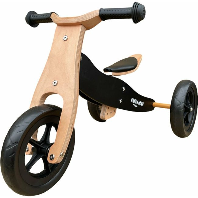 Bicicleta/tricicleta fara pedale din lemn, 2 in 1, Functie de bicicleta echilibru, Sa reglabila, Manere antiderapante, Roti ajustabile, 18 luni – 3 ani, Free2Move, Brown Black BYN42851