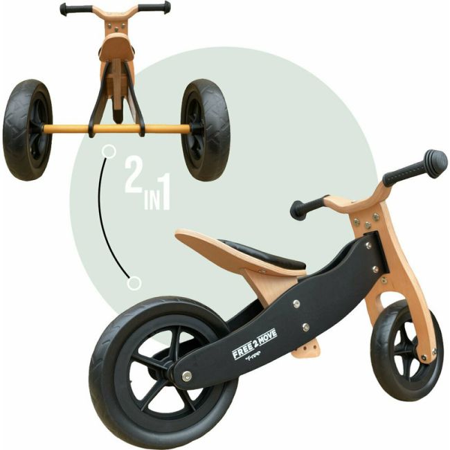 Bicicleta/tricicleta fara pedale din lemn, 2 in 1, Functie de bicicleta echilibru, Sa reglabila, Manere antiderapante, Roti ajustabile, 18 luni – 3 ani, Free2Move, Brown White BYN42868