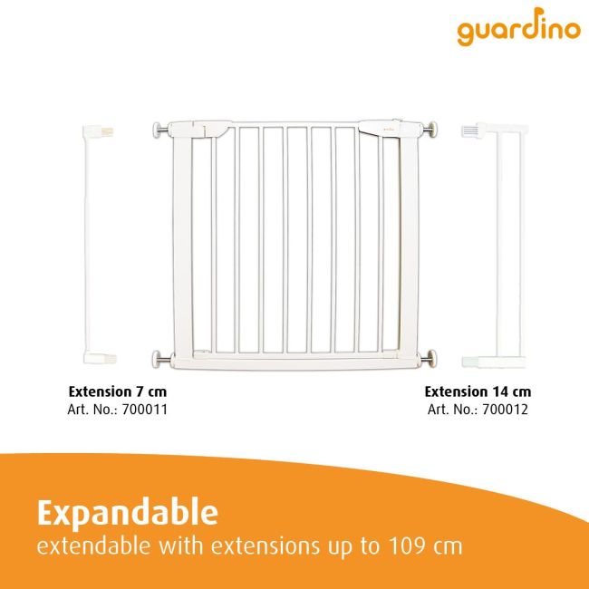 Poarta de siguranta pentru copii, 75-81 cm, extensibila, montare prin presiune, fara gaurire, metal, alb, Guardino 700010