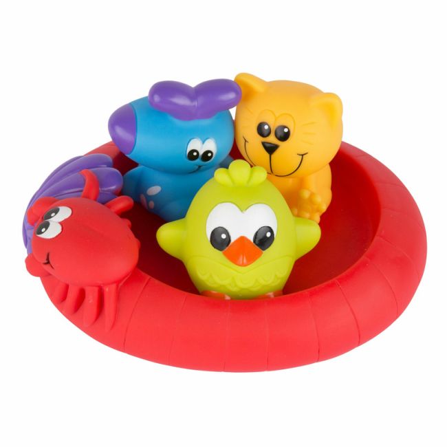 Set 3 animalute de baie si barca plutitoare, Fara gauri, Cu gentuta pentru transport, Fara BPA, Splash and Float Friends, Playgro, Multicolor BYN188414