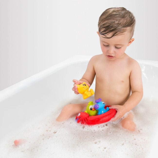 Set 3 animalute de baie si barca plutitoare, Fara gauri, Cu gentuta pentru transport, Fara BPA, Splash and Float Friends, Playgro, Multicolor BYN188414