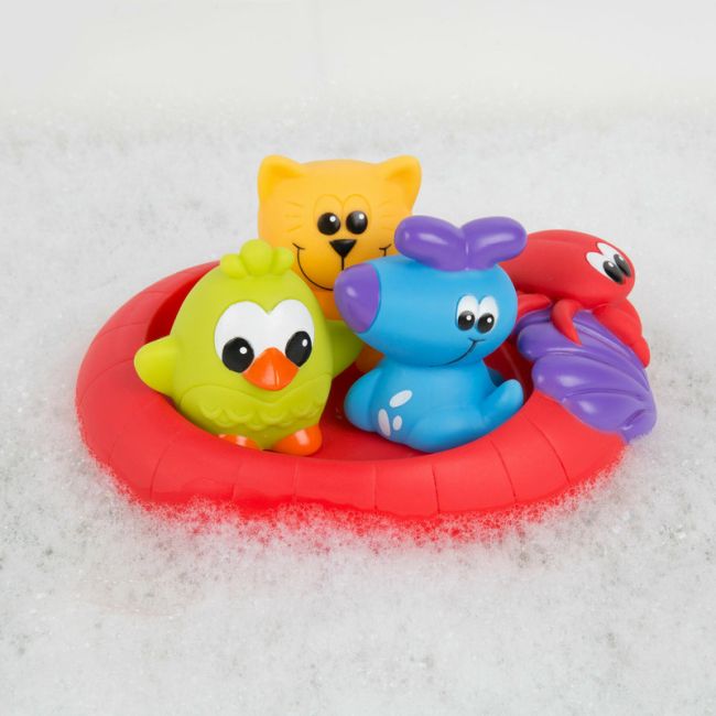 Set 3 animalute de baie si barca plutitoare, Fara gauri, Cu gentuta pentru transport, Fara BPA, Splash and Float Friends, Playgro, Multicolor BYN188414