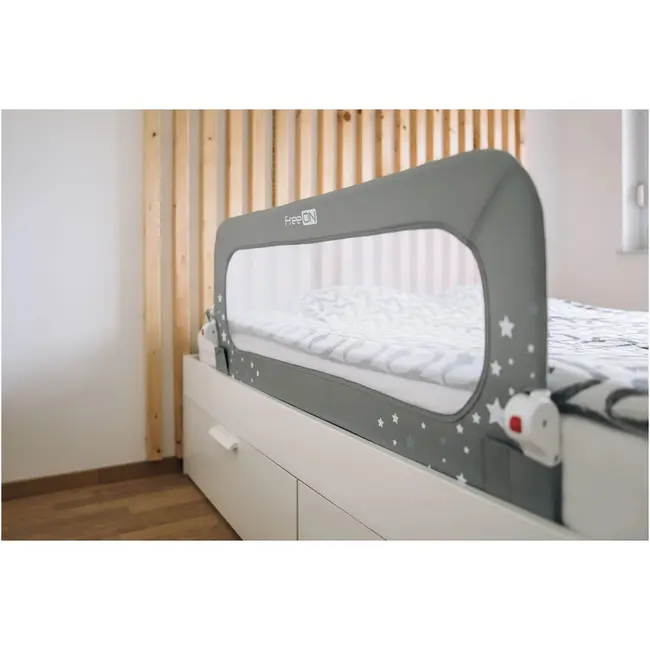 Bariera de protectie pentru pat bebe, Rabatabila, Instalare usoara, Dimensiune 135 x 57 cm, FreeON, Little Stars, Grey BYN48457