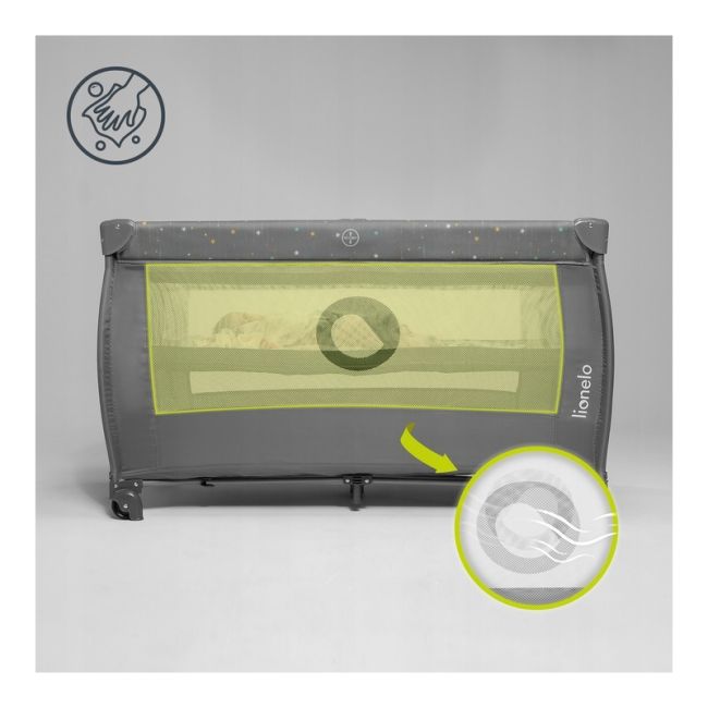 Lionelo - Patut pliant cu doua nivele, Stefi Plus, Cu intrare laterala cu fermoar, 2 roti, 120 x 60 cm, Conform cu standardul european de securitate EN 716, Gri/ Multicolor BYNLO-STEFI_PLUS_GREY_MULTICOLOR