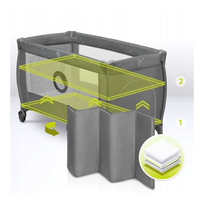 Lionelo - Patut pliant cu doua nivele, Stefi Plus, Cu intrare laterala cu fermoar, 2 roti, 120 x 60 cm, Conform cu standardul european de securitate EN 716, Gri/ Multicolor BYNLO-STEFI_PLUS_GREY_MULTICOLOR