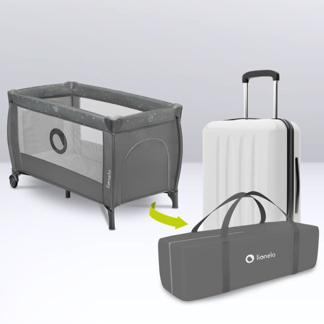 Lionelo - Patut pliant cu doua nivele, Stefi Plus, Cu intrare laterala cu fermoar, 2 roti, 120 x 60 cm, Conform cu standardul european de securitate EN 716, Gri/ Multicolor BYNLO-STEFI_PLUS_GREY_MULTICOLOR