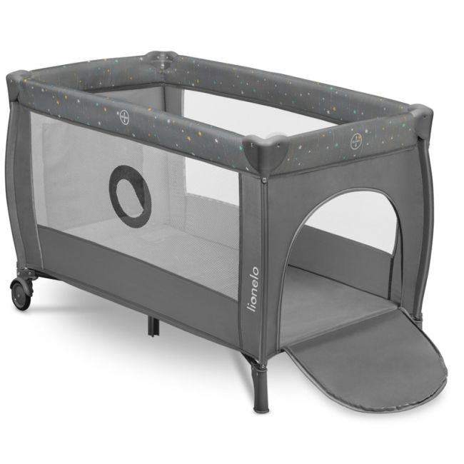Lionelo - Patut pliant cu doua nivele, Stefi Plus, Cu intrare laterala cu fermoar, 2 roti, 120 x 60 cm, Conform cu standardul european de securitate EN 716, Gri/ Multicolor BYNLO-STEFI_PLUS_GREY_MULTICOLOR