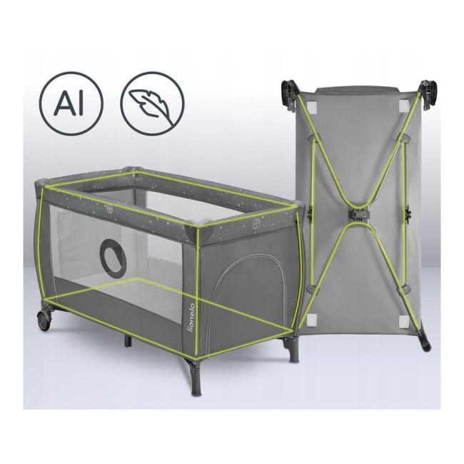 Lionelo - Patut pliant cu doua nivele, Stefi Plus, Cu intrare laterala cu fermoar, 2 roti, 120 x 60 cm, Conform cu standardul european de securitate EN 716, Gri/ Multicolor BYNLO-STEFI_PLUS_GREY_MULTICOLOR