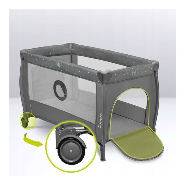 Lionelo - Patut pliant cu doua nivele, Stefi Plus, Cu intrare laterala cu fermoar, 2 roti, 120 x 60 cm, Conform cu standardul european de securitate EN 716, Gri/ Multicolor BYNLO-STEFI_PLUS_GREY_MULTICOLOR
