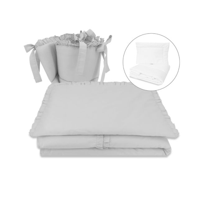 MimiNu - Set lenjerie patut 5 piese, Cu volanase, Cu pilota si perna, Din bumbac certificat Oeko Tex Standard 100, Pentru patut 120x60 cm, Colectia Royal, Grey BYN6426972022927