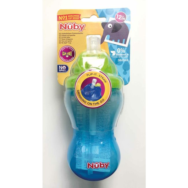 Nuby - Cana cu pai anti-alunecare, Cu inchidere etansa, Plastic, 360 ml, 12+ luni, Albastru BYNNV0404001AQ