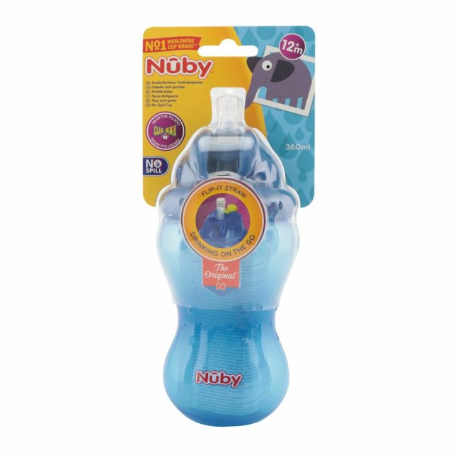 Nuby - Cana cu pai anti-alunecare, Cu inchidere etansa, Plastic, 360 ml, 12+ luni, Albastru inchis BYNNV0404001BL