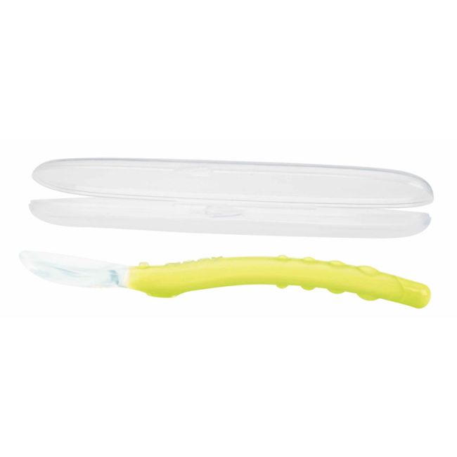 Nuby - Lingura din silicon pentru bebelusi, Cu maner arcuit, Cu carcasa de depozitare, 3+ luni, Galben/Verde BYNID5555GREEN