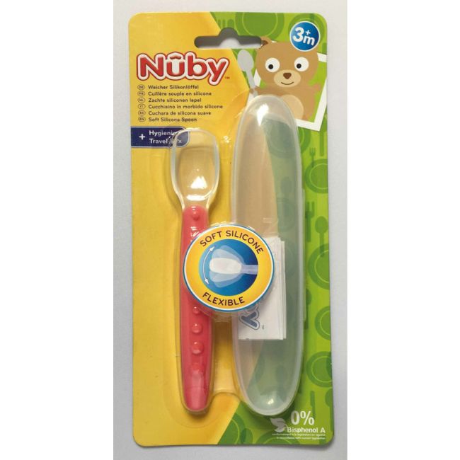 Nuby - Lingura din silicon pentru bebelusi, Cu maner arcuit, Cu carcasa de depozitare, 3+ luni, Rosu BYNID5555RED