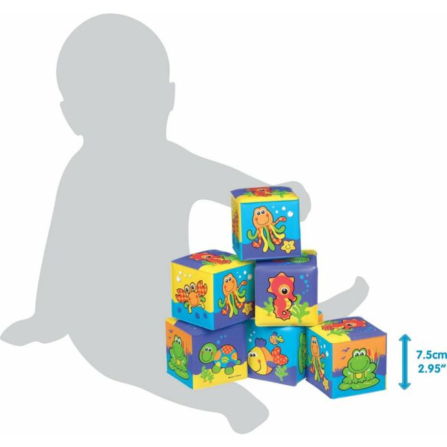 Set 6 cuburi noi pentru baie, Cu animalute marine, Dimesiune 7.5 cm fiecare cub, Soft blockes for bath, Playgro BYN7823