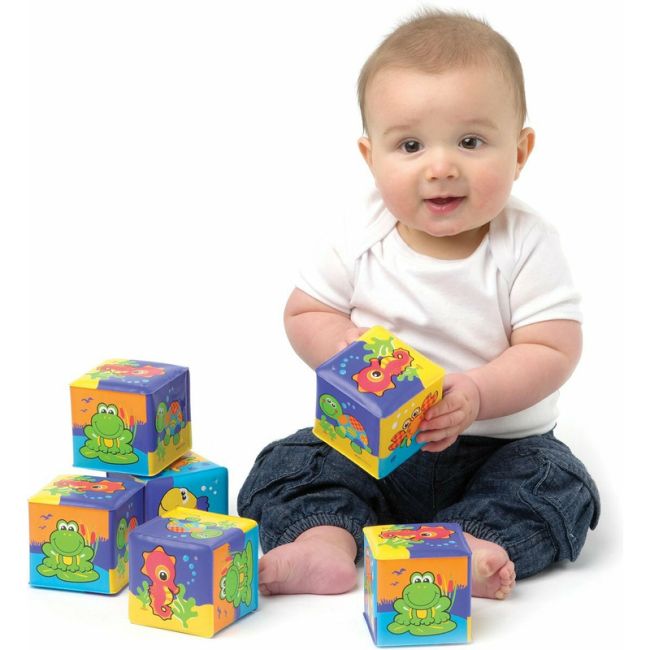 Set 6 cuburi noi pentru baie, Cu animalute marine, Dimesiune 7.5 cm fiecare cub, Soft blockes for bath, Playgro BYN7823