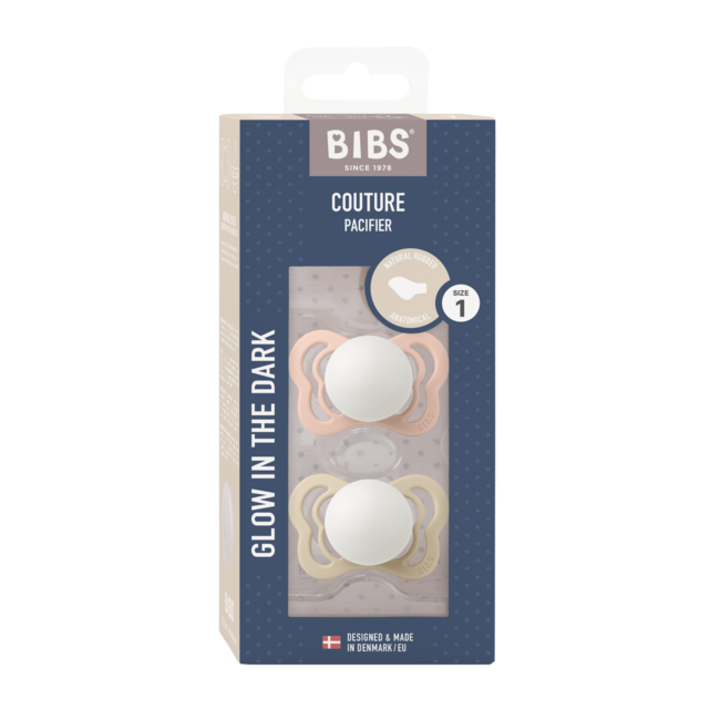 Bibs - set 2 suzete fosforencente couture glow latex, tetina anatomica, 0 luni +-blush/vanilla bbb1800319