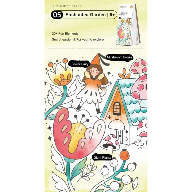 Carte de colorat cu apa,  pensula de pictat si culori incluse, 19 x 8 x 1.3 cm,  Enchanted Garden Mideer MD4195 BBJMD4195_Initiala