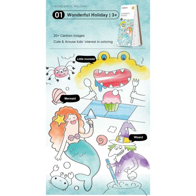 Carte de colorat cu apa,  pensula de pictat si culori incluse, 19 x 8 x 1.3 cm, Wonderful Holiday Mideer MD4226 BBJMD4226_Initiala