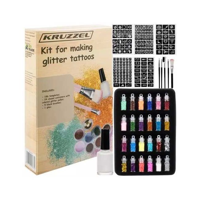 Set tatuaje cu sclipici 24 culori, 186 sabloane Kruzzel MY18119 BBJMY18119_Initiala