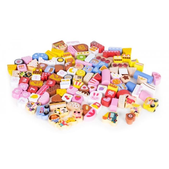 Set educational cu blocuri din lemn, 116 piese, candy city ecotoys me433 edeedime433
