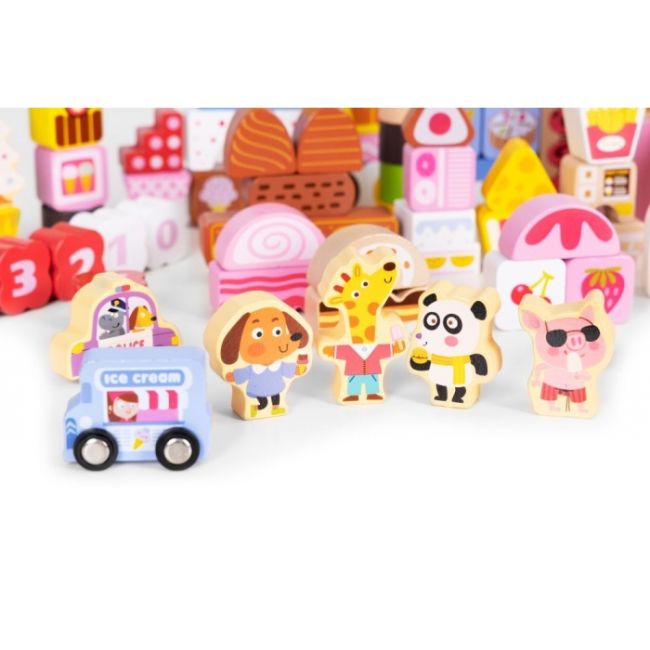 Set educational cu blocuri din lemn, 116 piese, candy city ecotoys me433 edeedime433