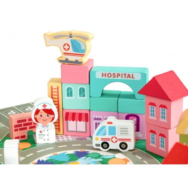Set educational cu blocuri din lemn si covoras, 121 piese, city ecotoys ma802 edeedima802