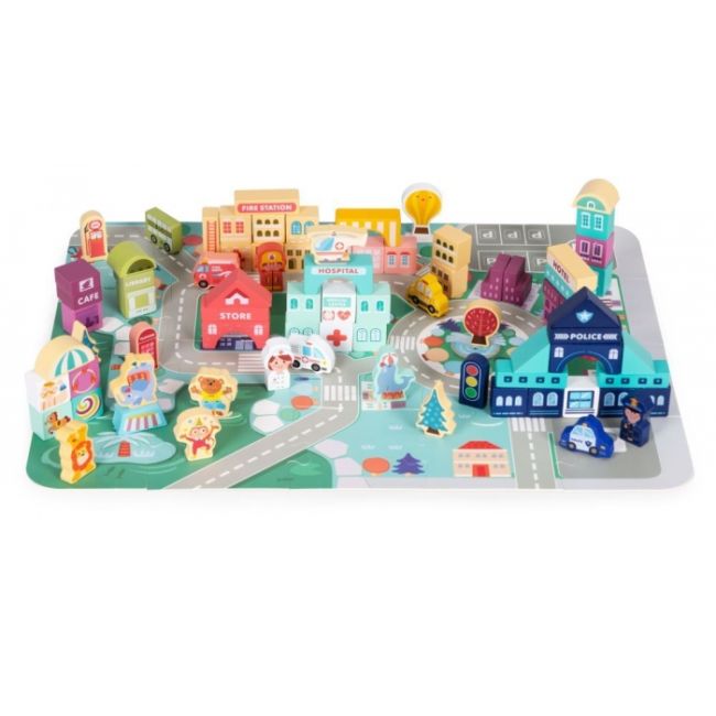 Set educational cu blocuri din lemn si covoras, 121 piese, city ecotoys ma802 edeedima802