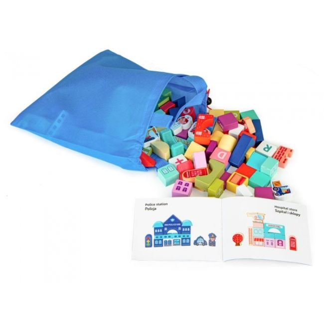 Set educational cu blocuri din lemn si covoras, 121 piese, city ecotoys ma802 edeedima802