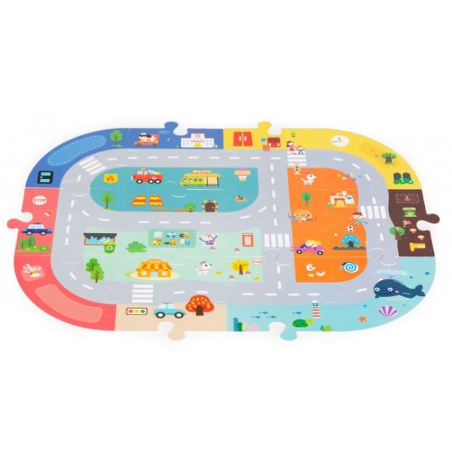 Set educational cu blocuri din lemn si covoras tip puzzle, 88 piese, city ecotoys ma705 edeedima705