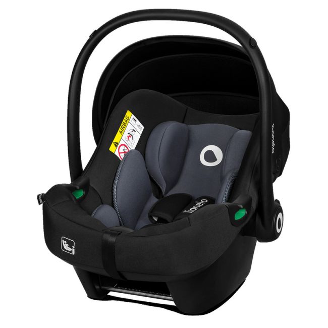 Lionelo - Soica auto i-Size Astrid, 0-13 Kg, 40-87 cm, Cu maner si capotina reglabile, Cu protectie laterala avansata, Salteluta confortabila , Conform cu standardul european de securitate R129, Negru/Gri BYNLO-ASTRID_I-SIZE_BLACK_GREY