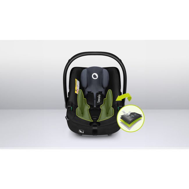 Lionelo - Soica auto i-Size Astrid, 0-13 Kg, 40-87 cm, Cu maner si capotina reglabile, Cu protectie laterala avansata, Salteluta confortabila , Conform cu standardul european de securitate R129, Negru/Gri BYNLO-ASTRID_I-SIZE_BLACK_GREY
