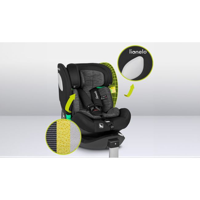 Lionelo - Soica auto i-Size Astrid, 0-13 Kg, 40-87 cm, Cu maner si capotina reglabile, Cu protectie laterala avansata, Salteluta confortabila , Conform cu standardul european de securitate R129, Negru/Gri BYNLO-ASTRID_I-SIZE_BLACK_GREY