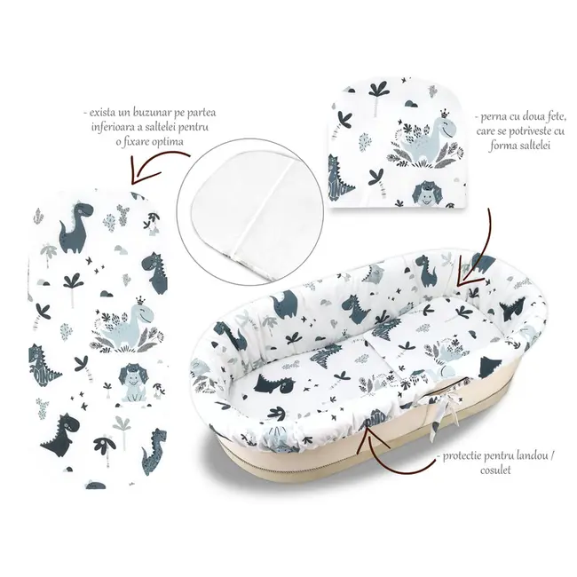 MimiNu - Set pentru landou/cosulet, Cu protectie, saltea si pernuta, Din bumbac certificat Oeko Tex Standard 100, Dino Granat BYN6426972023184