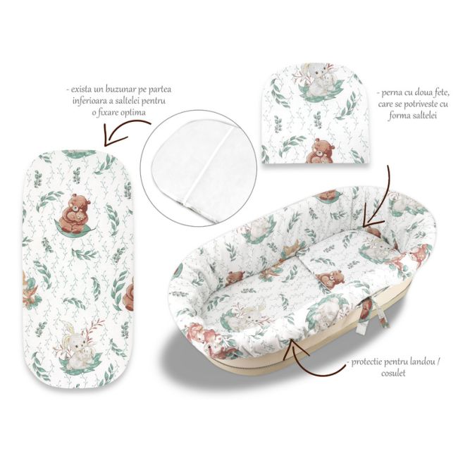 MimiNu - Set pentru landou/cosulet, Cu protectie, saltea si pernuta, Din bumbac certificat Oeko Tex Standard 100, Lulu Natural BYN6426972023160