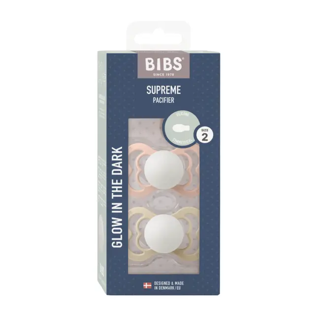 Bibs - set 2 suzete supreme fosforescente glow silicon, tetina simetrica, 6 luni +-blush/vanilla bbb260357