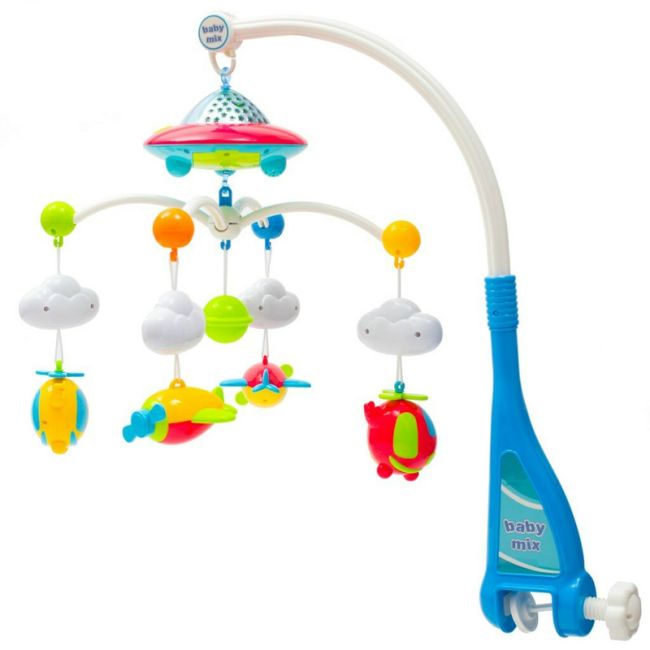 Carusel muzical pentru patut bebelusi, Cu proiectii, Cu 107 melodii si sunete ale naturii, Cu 4 jucarii, Baby Mix, Blue BYN38648