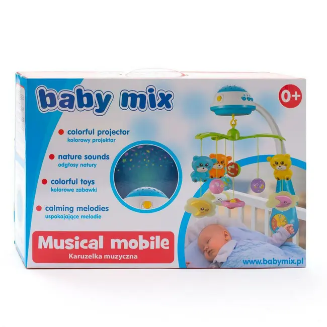 Carusel muzical pentru patut bebelusi, Cu proiectii, Cu melodii si sunete ale naturii, Cu 10 jucarii si ceas de jucarie pe suport, Baby Mix, Mint BYN42785