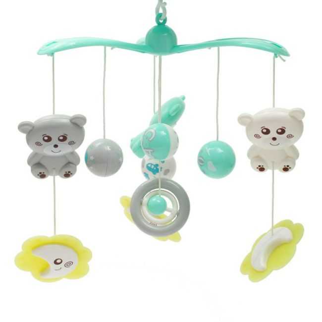 Carusel muzical pentru patut bebelusi, Cu proiectii, Cu melodii si sunete ale naturii, Cu 10 jucarii si ceas de jucarie pe suport, Baby Mix, Mint BYN42785