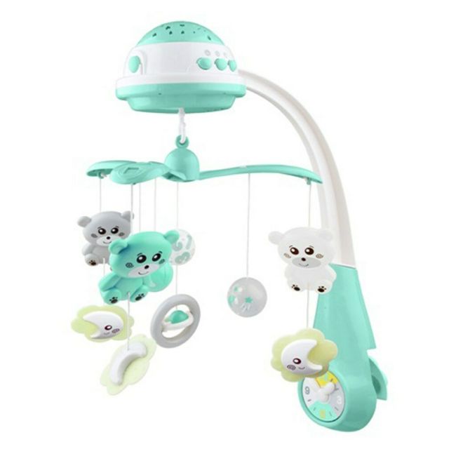 Carusel muzical pentru patut bebelusi, Cu proiectii, Cu melodii si sunete ale naturii, Cu 10 jucarii si ceas de jucarie pe suport, Baby Mix, Mint BYN42785