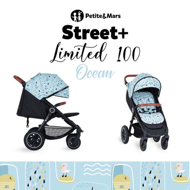Petite&Mars - Carucior sport, Street+ Air, Include capotina impermeabila Editie limitata, Cu fereastra, husa picioare, cos de bagaje, Cu roti gonflabile, Centura de siguranta in 5 puncte, Pana la 25 kg, 6 luni+, Ocean BYN477500+549860