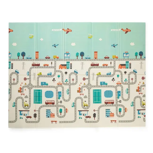 Petite&Mars - Covoras de joaca reversibil, Include geanta pentru transport, Pliabil si impermeabil, Non-toxic, 197 x 147 x 1 cm, Oras, 0 luni+, Multicolor BYN435071