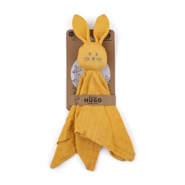 Petite&Mars - Jucarie interactiva, Iepurasul Hugo, Din muselina de bambus, Cu sunet, Conform standardului de securitate Oeko-tex 100,34 x 30 cm, 0 luni+, Galben BYN416819