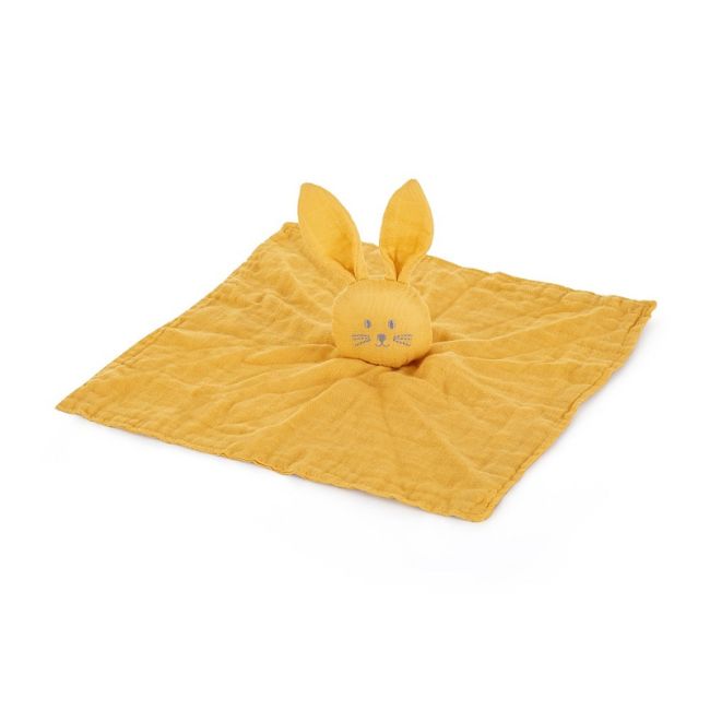 Petite&Mars - Jucarie interactiva, Iepurasul Hugo, Din muselina de bambus, Cu sunet, Conform standardului de securitate Oeko-tex 100,34 x 30 cm, 0 luni+, Galben BYN416819