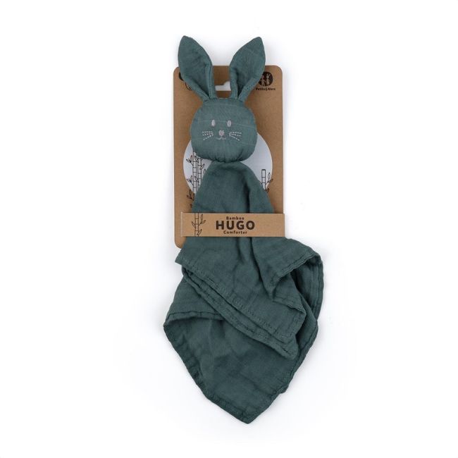 Petite&Mars - Jucarie interactiva, Iepurasul Hugo, Din muselina de bambus, Cu sunet, Conform standardului de securitate Oeko-tex 100,34 x 30 cm, 0 luni+, Verde inchis BYN416817