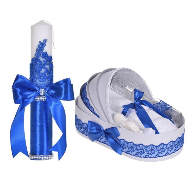 Set botez elegant, lumanare margelute si si trusou botez in landou, decor dantela albastra ingusta, Denikos® C9301 NKO5996
