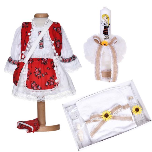 Set botez traditional fetita, rochita botez nationala, trusou botez si lumanare, decor popular, Denikos® C9286 NIK5981