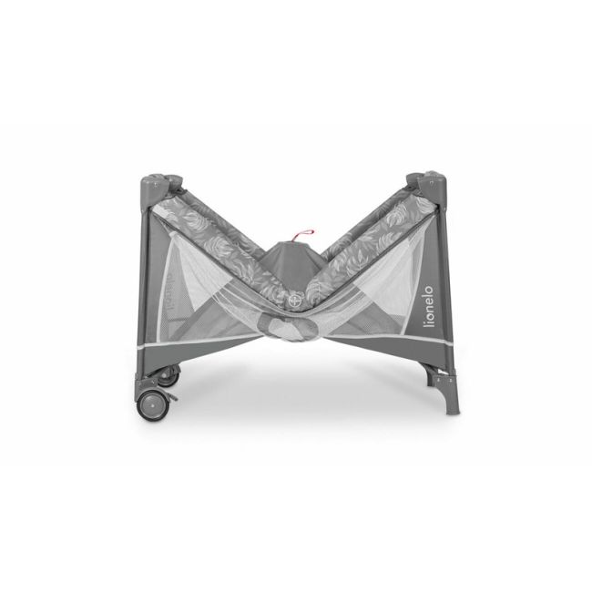 Lionelo - Patut pliant cu doua nivele Flower , Cu arcada, Geanta transport, Masuta de infasat, Bara cu jucarii, Fereastra laterala, 120x60 cm, Conform cu standardele europeane de securitate EN 716 si EN12221, Gri BYNLO-FLOWER_GREY_STONE